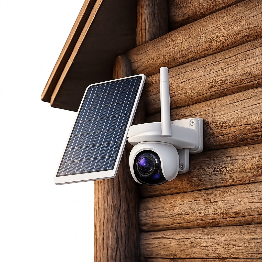 Solar security camera on a rural cabin overlooking a pasture