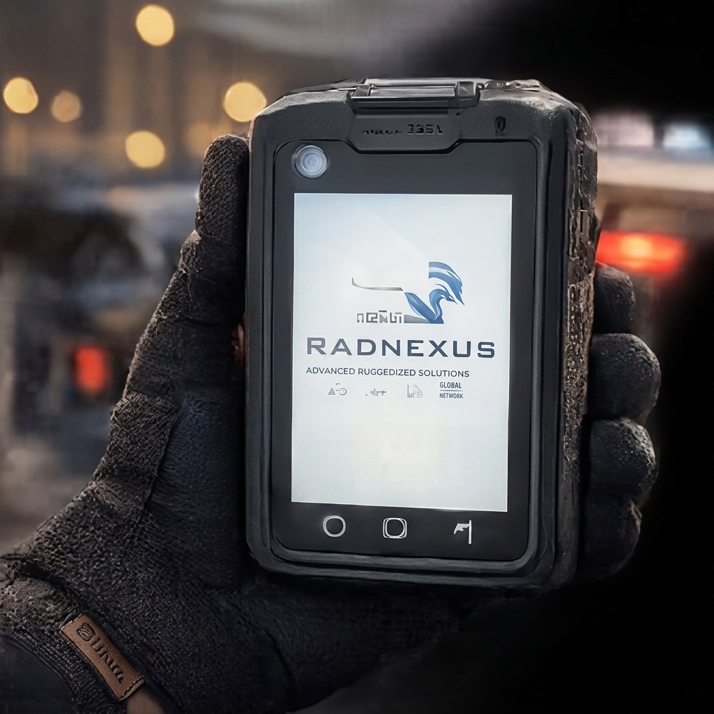Rugged handheld device showing the Rad Nexus app