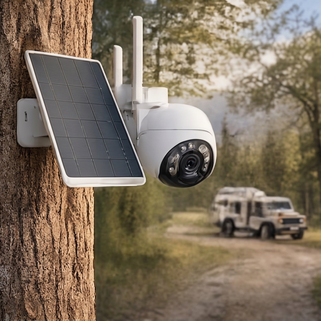 Solar camera mounted on a tree along a rural access road